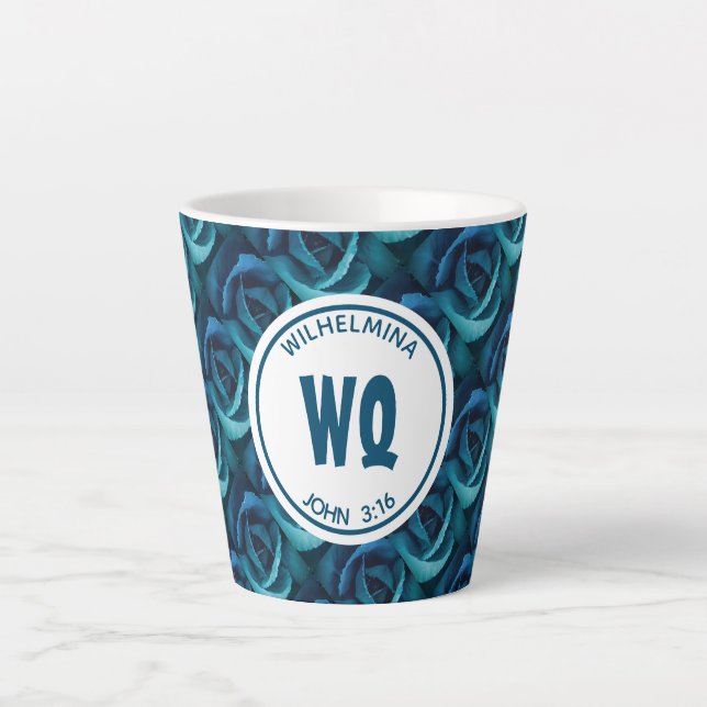 Personalized Monogram Blue Rose Christian Latte Mug (Front)