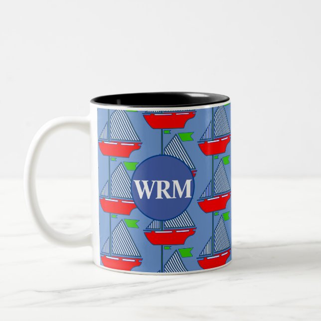 Personalized Monogram Blue Sailboat Coffee Mug (Left)
