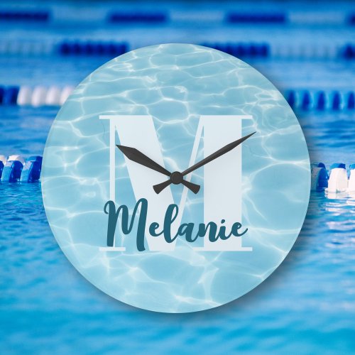 Personalized Monogram Blue Swimming Pool Modern Large Clock