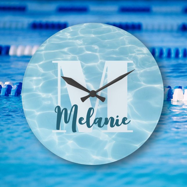 Personalized Monogram Blue Swimming Pool Modern Large Clock (Creator Uploaded)