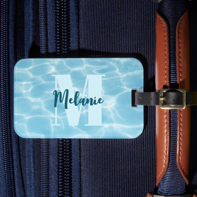 Personalized Monogram Blue Swimming Pool Modern Luggage Tag (Front Insitu 4)