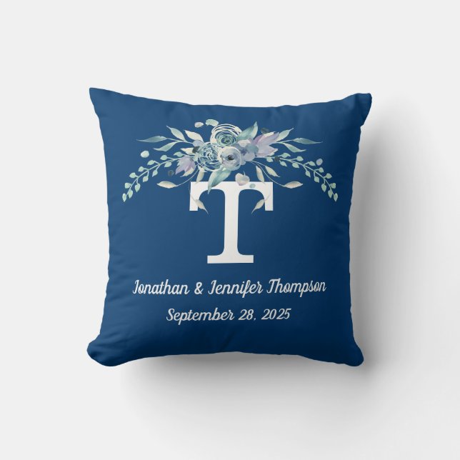 Personalized Monogram Blue Watercolor Flowers Throw Pillow (Front)