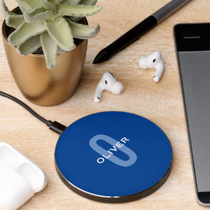 Personalized Monogram Blue White Name Wireless Charger