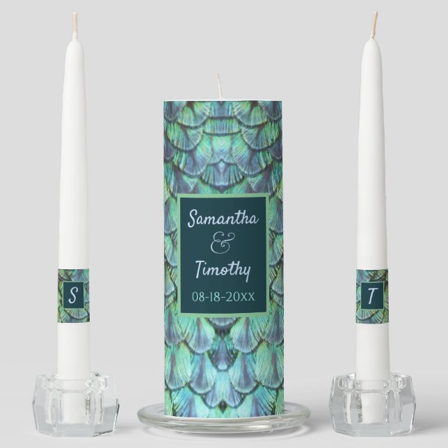 Personalized Monogram Boho Teal Peacock Feathers  Unity Candle Set (Front)