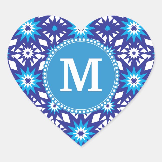 Personalized Monogram Bold Blue Teal Star Pattern Heart Sticker (Front)