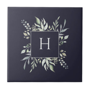 Personalized Monogram Botanical Decorative Navy Ceramic Tile