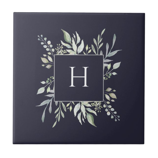 Personalized Monogram Botanical Decorative Navy Ceramic Tile (Front)