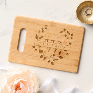 Personalized Monogram Botanical Leaf Wedding Gift Engraved Cutting Board