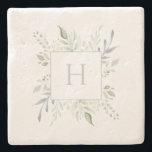 Personalized Monogram Botanical Stone Coaster<br><div class="desc">Personalized Monogram Botanical Drink Coaster. Elegant design with delicate watercolor foliage border in shades of green and gray around gray customizable initial on white. Gorgeous gift, favor, or addition to your home decor. We invite you to visit our Zazzle's store, Simon & Grace, to view matching products and more. Please...</div>