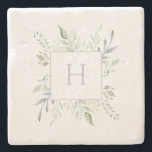 Personalized Monogram Botanical Stone Coaster<br><div class="desc">Personalized Monogram Botanical Drink Coaster. Elegant design with delicate watercolor foliage border in shades of green and gray around gray customizable initial on white. Gorgeous gift, favor, or addition to your home decor. We invite you to visit our Zazzle's store, Simon & Grace, to view matching products and more. Please...</div>