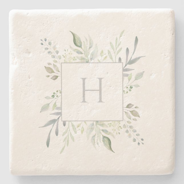 Personalized Monogram Botanical Stone Coaster (Front)