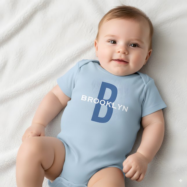 Personalized Monogram Boy Custom Name Blue White Baby Bodysuit (Creator Uploaded)