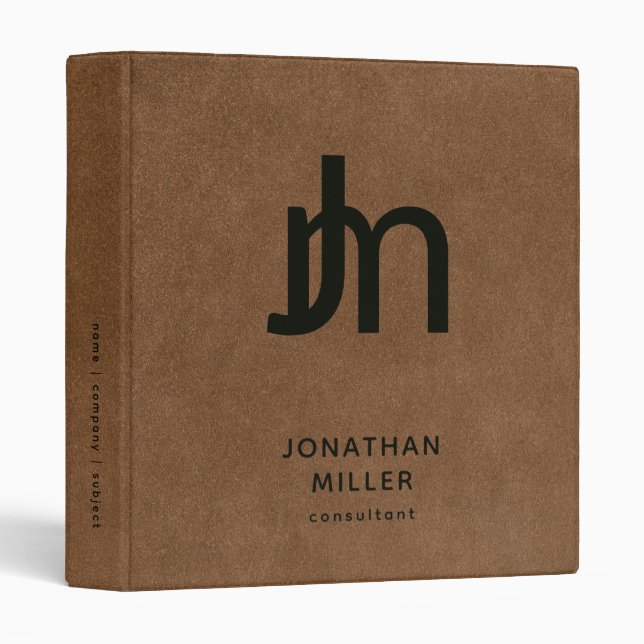 Personalized Monogram Brown Leather Print 3 Ring Binder (Front/Spine)