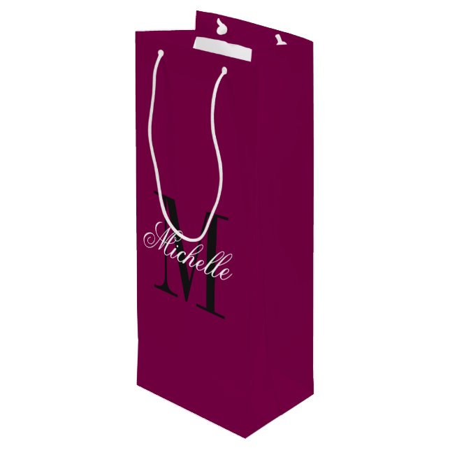 Personalized monogram burgundy red custom wine gift bag (Back Angled)