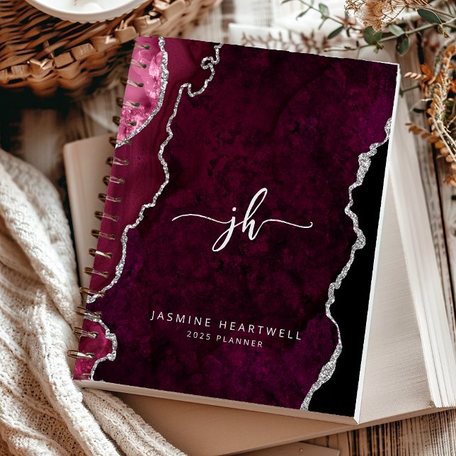 Personalized Monogram Burgundy Silver Agate 2025 Planner (Creator Uploaded)
