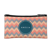 Personalized Monogram Chic Chevron Peach and Grey Makeup Bag