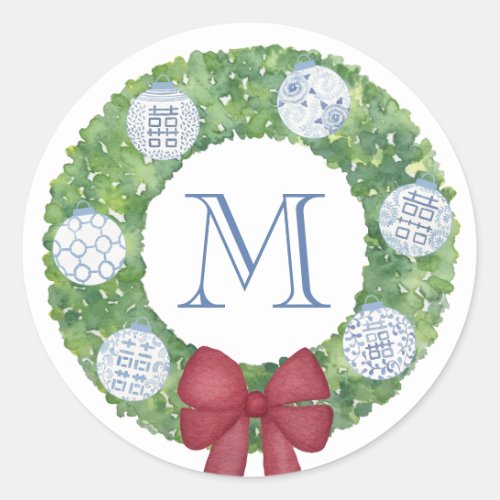 Personalized Monogram Christmas Boxwood Wreath Classic Round Sticker