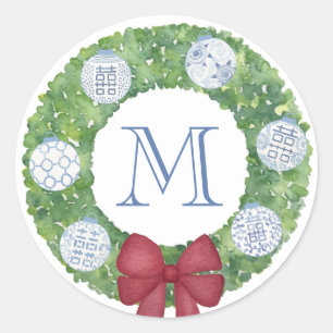 Personalized Monogram Christmas Boxwood Wreath Classic Round Sticker