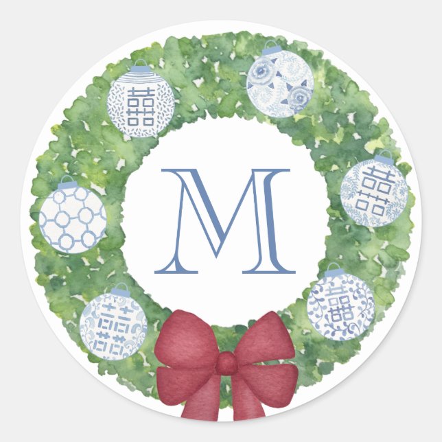 Personalized Monogram Christmas Boxwood Wreath Classic Round Sticker (Front)