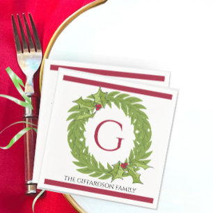 Personalized Monogram Christmas Wreath Cocktail Napkins
