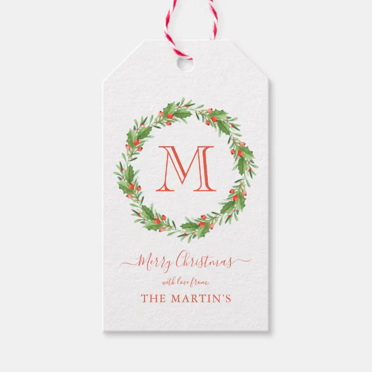 Personalized Monogram Christmas Wreath Gift Tags