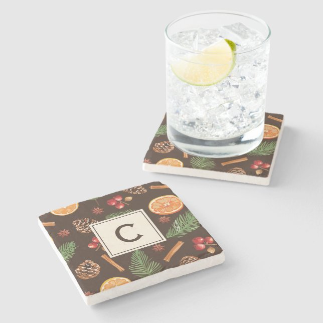 Personalized Monogram Citrus Botanical Christmas Stone Coaster (Side)