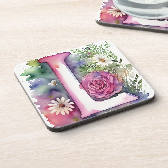 Personalized Monogram Colorful Watercolor Flowers Beverage Coaster (Left Side)