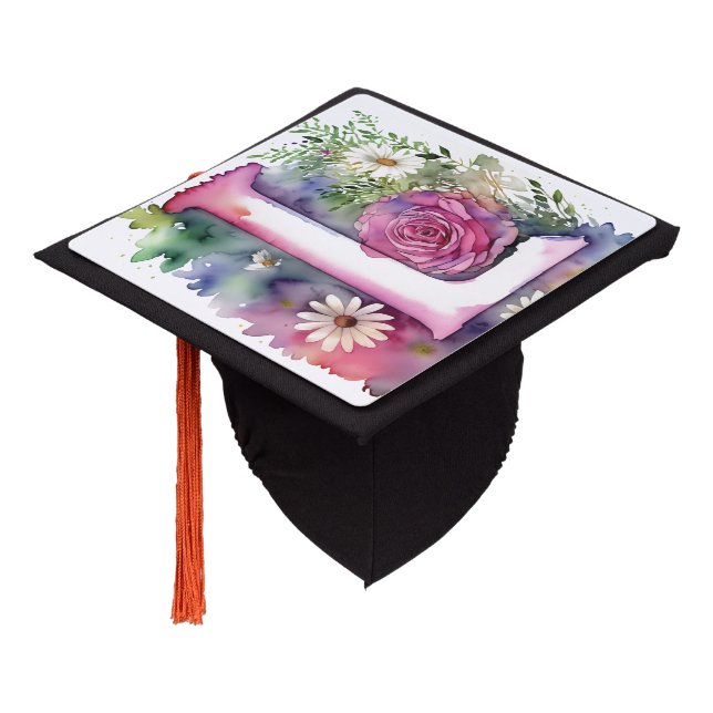Personalized Monogram Colorful Watercolor Flowers Graduation Cap Topper (Angled)