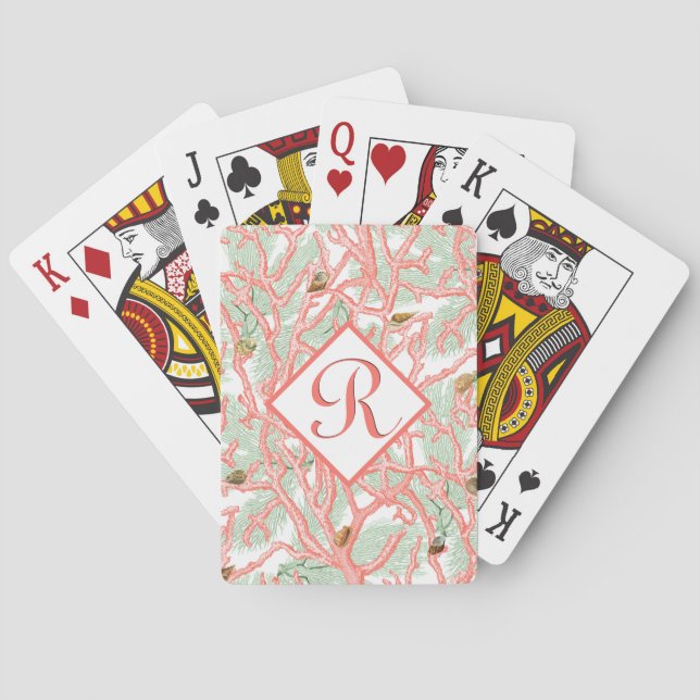 Personalized Monogram Coral Branches Seashells Poker Cards (Back)
