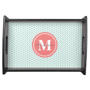 Personalized Monogram Coral & Seafoam Geometric Serving Tray