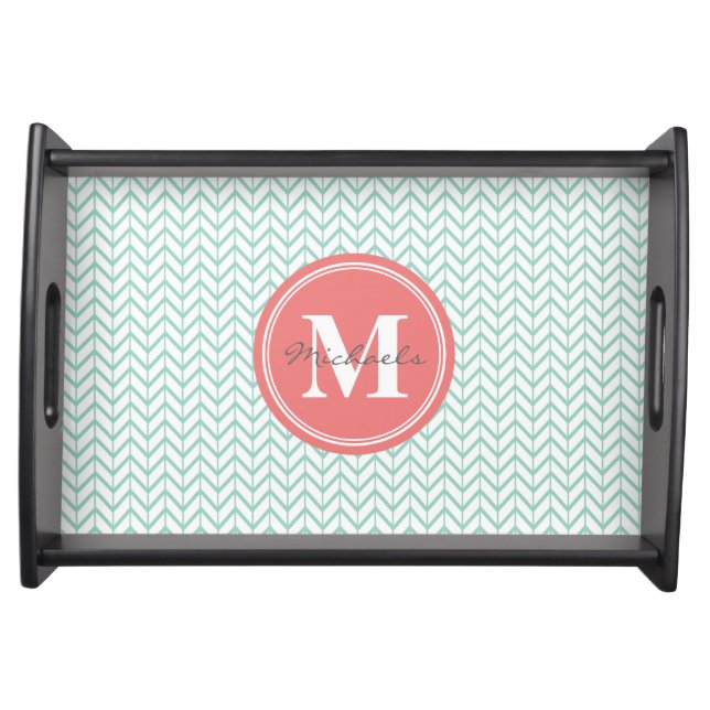 Personalized Monogram Coral & Seafoam Geometric Serving Tray (Front)