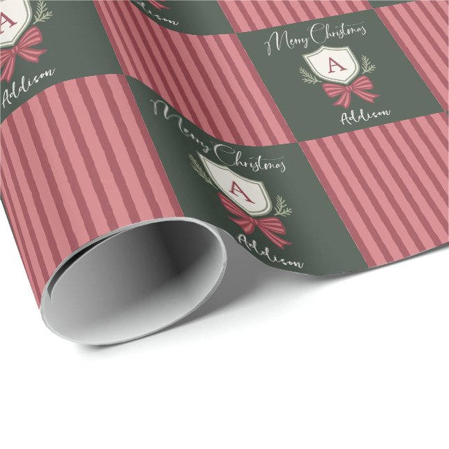 Personalized Monogram Crest Bow Christmas Wrapping Paper (Roll Corner)