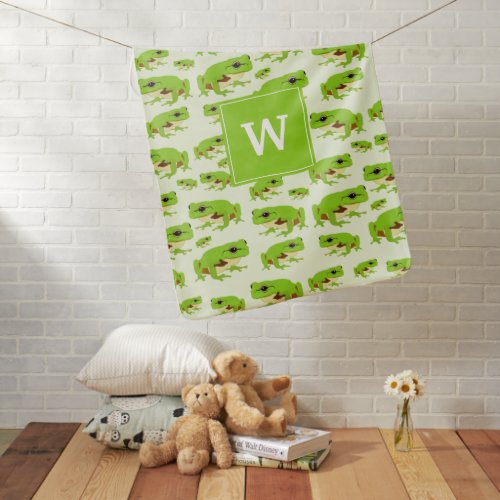 Personalized Monogram Cute Green Tree Frog Pattern Baby Blanket