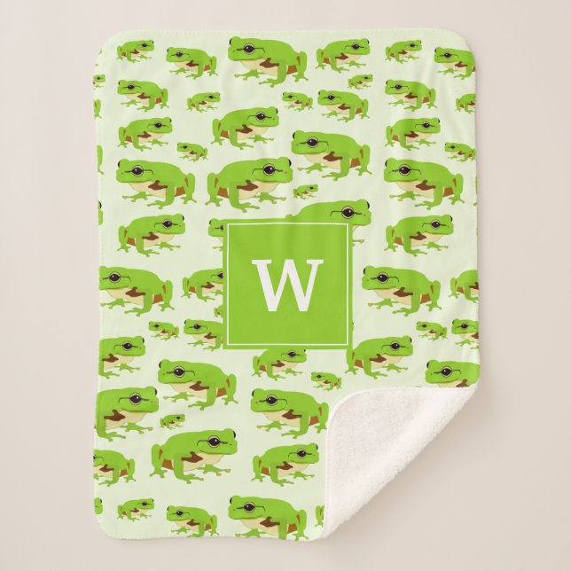 Personalized Monogram Cute Green Tree Frog Pattern Sherpa Blanket (Front)