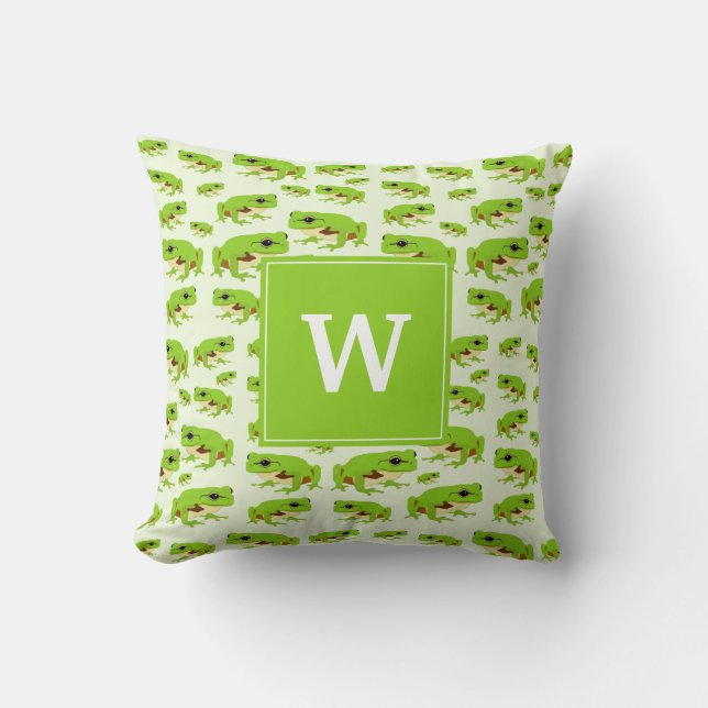 Personalized Monogram Cute Green Tree Frog Pattern Throw Pillow (Front)