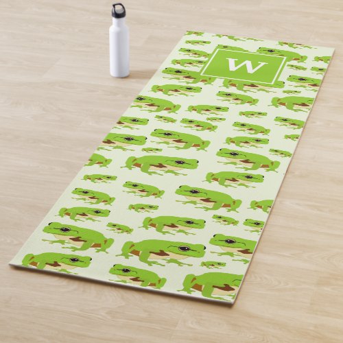 Personalized Monogram Cute Green Tree Frog Pattern Yoga Mat