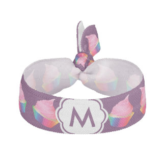 Personalized Monogram Cute Pink Rainbow Cupcakes Ribbon Hair Tie
