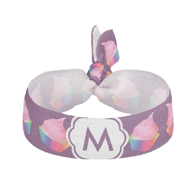 Personalized Monogram Cute Pink Rainbow Cupcakes Ribbon Hair Tie (Front)
