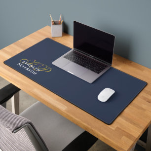 Personalized Monogram Dusty Navy Blue Gold White  Desk Mat