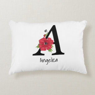 Personalized monogram editable A text red flower f Accent Pillow