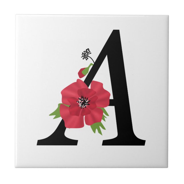 Personalized monogram editable A text red flower f Ceramic Tile (Front)
