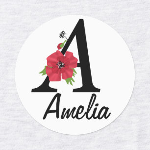 Personalized monogram editable A text red flower f Kids' Labels