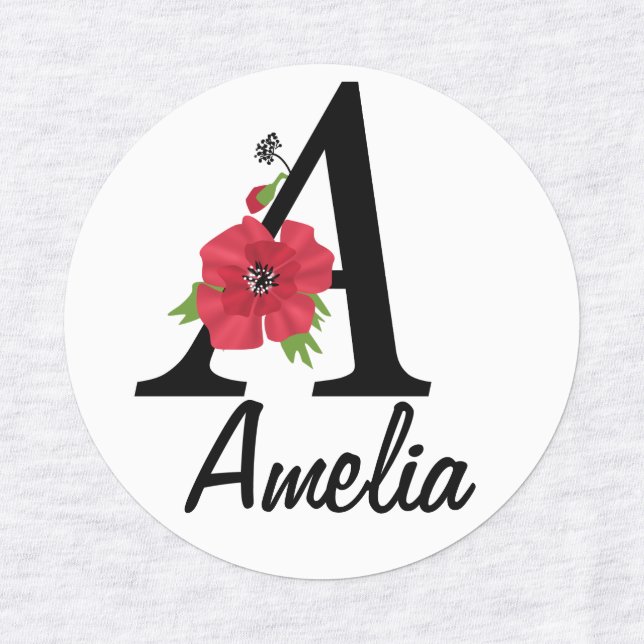 Personalized monogram editable A text red flower f Kids' Labels (Design 1)