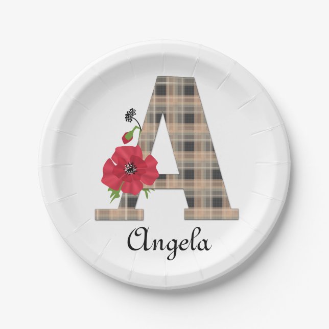 Personalized monogram editable A text red flower f Paper Plates (Front)
