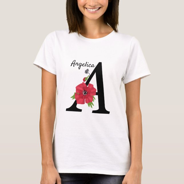 Personalized monogram editable A text red flower f T-Shirt (Front)
