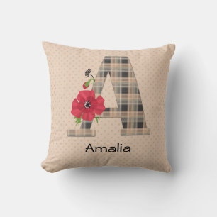 Personalized monogram editable A text red flower f Throw Pillow