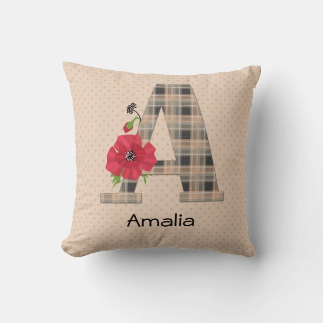 Personalized monogram editable A text red flower f Throw Pillow (Front)