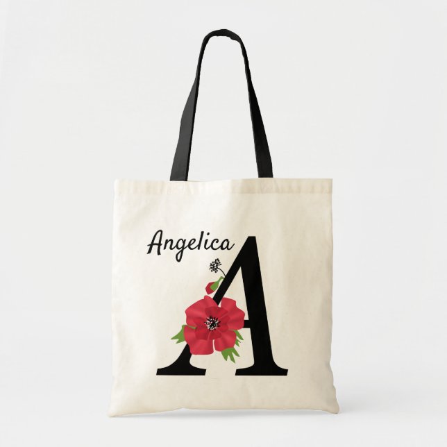 Personalized monogram editable A text red flower f Tote Bag (Front)