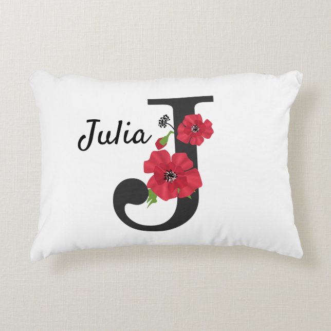 Personalized monogram editable J text red flower Accent Pillow (Front)