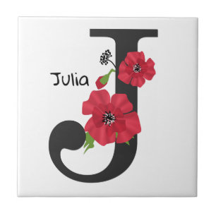 Personalized monogram editable J text red flower Ceramic Tile